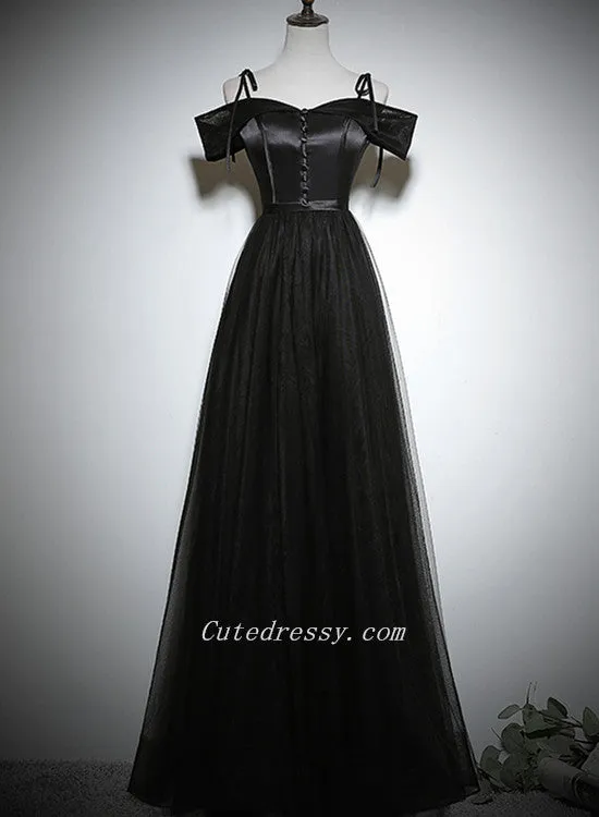 Black Off Shouldr A-line Satin with Tulle Prom Dress, Black Evening Dresses