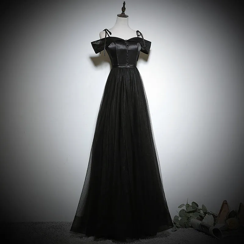 Black Off Shouldr A-line Satin with Tulle Prom Dress, Black Evening Dresses
