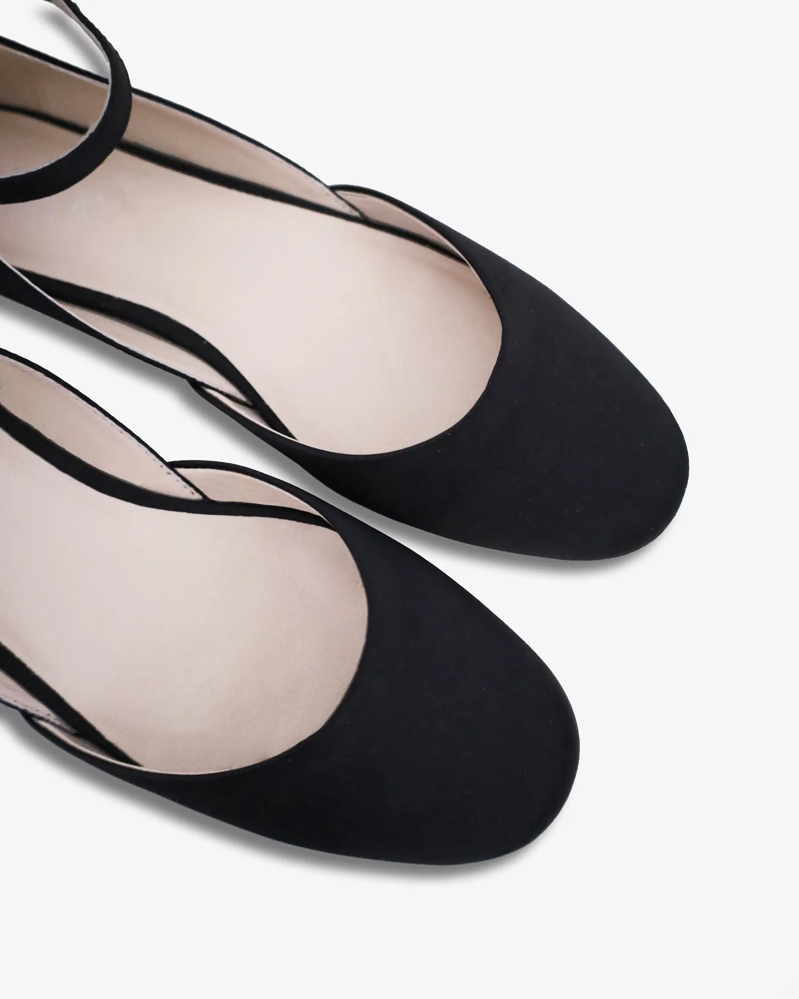 Black Satin Round Toe Evening Flat with Ankle Strap