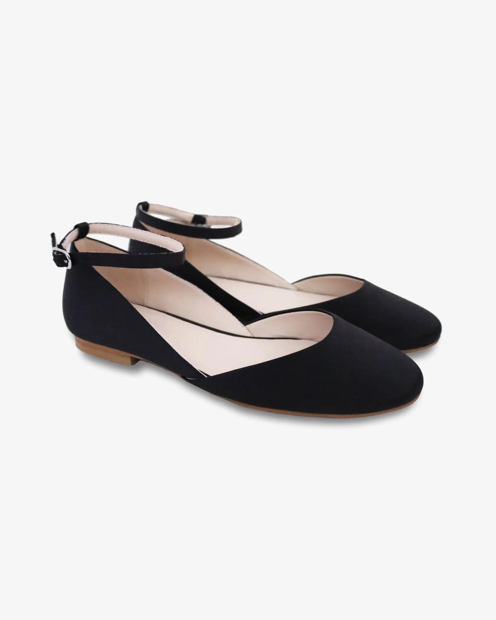Black Satin Round Toe Evening Flat with Ankle Strap
