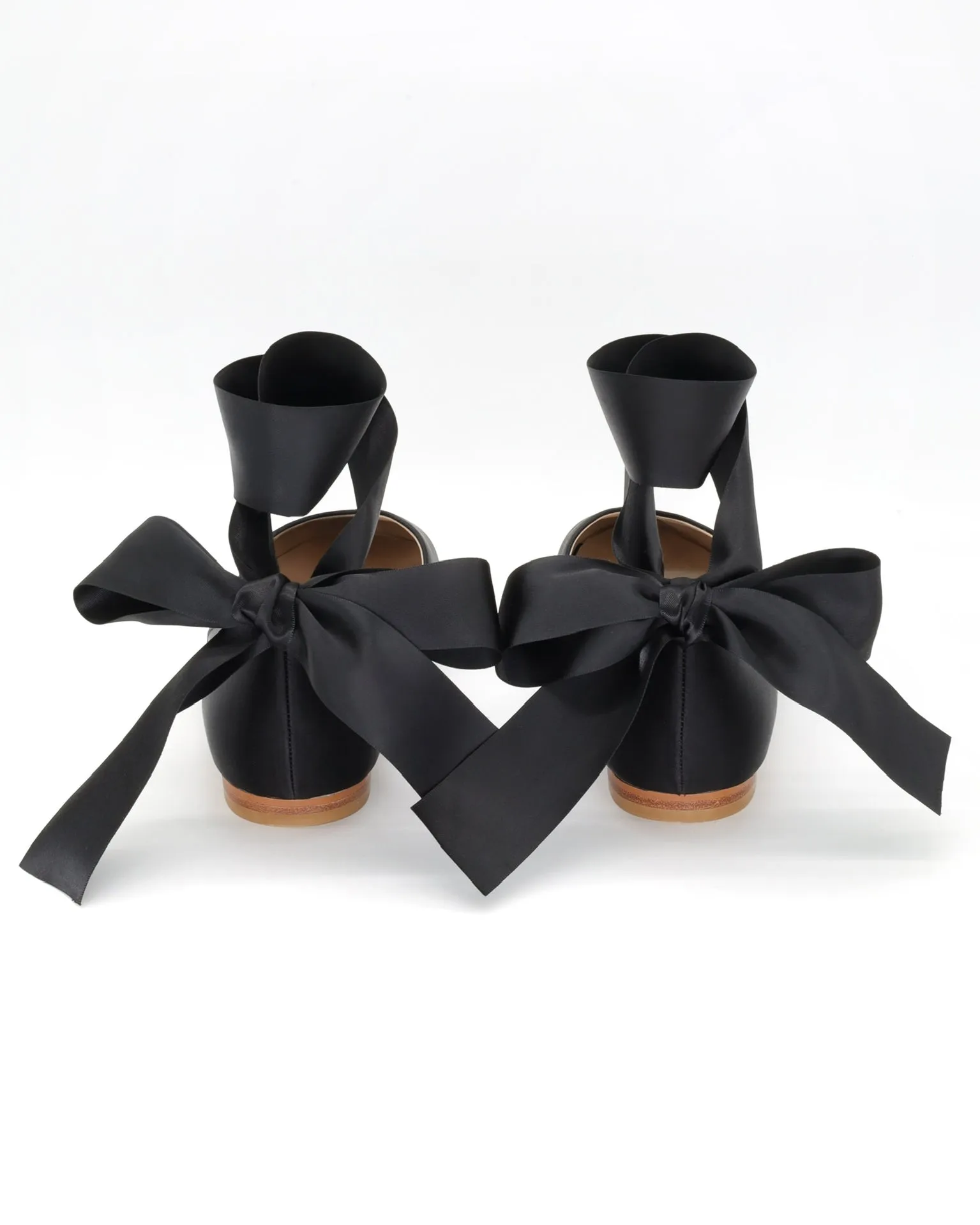 Black Satin Round Toe Evening Flat with Wrapped Ribbon Tie