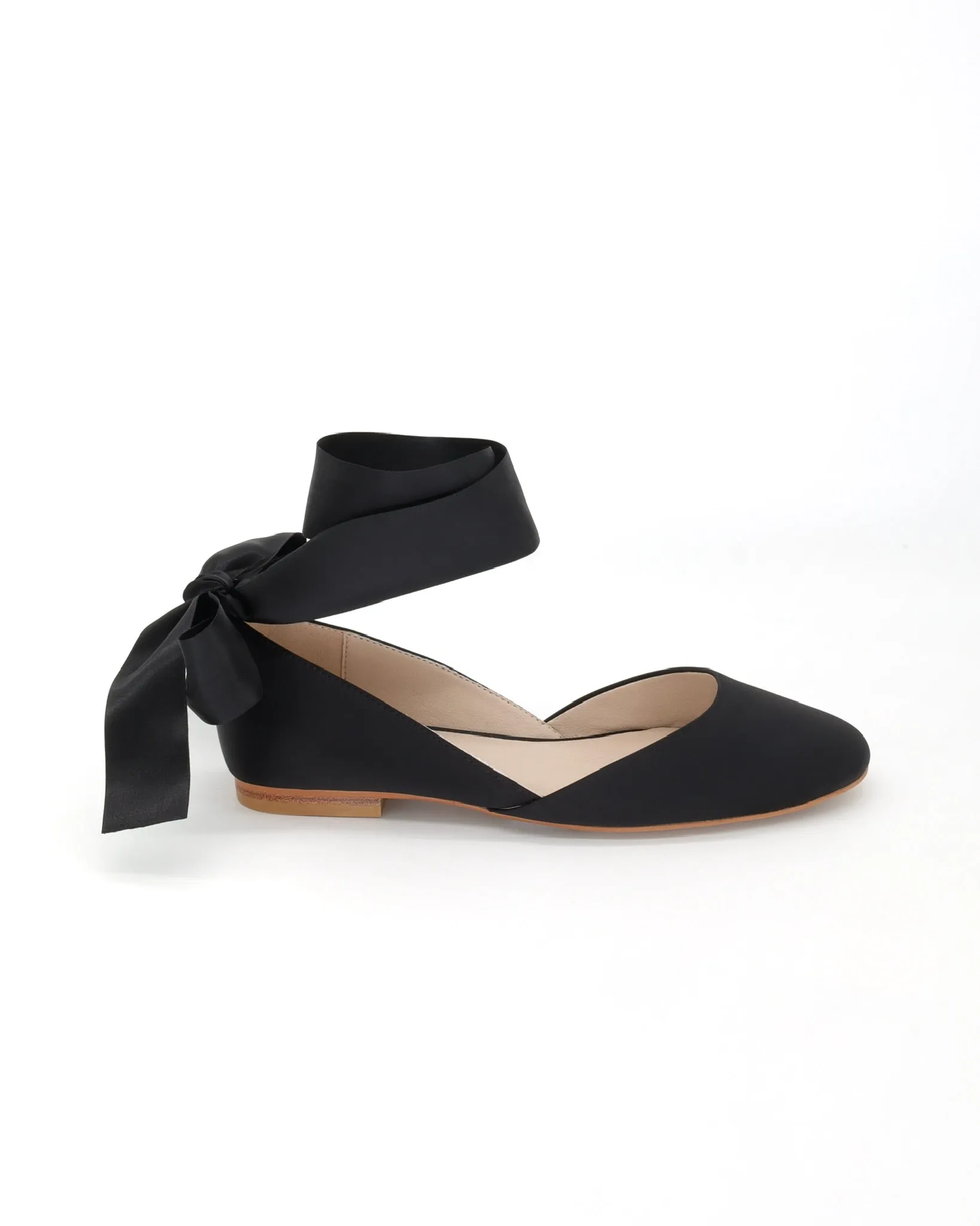 Black Satin Round Toe Evening Flat with Wrapped Ribbon Tie