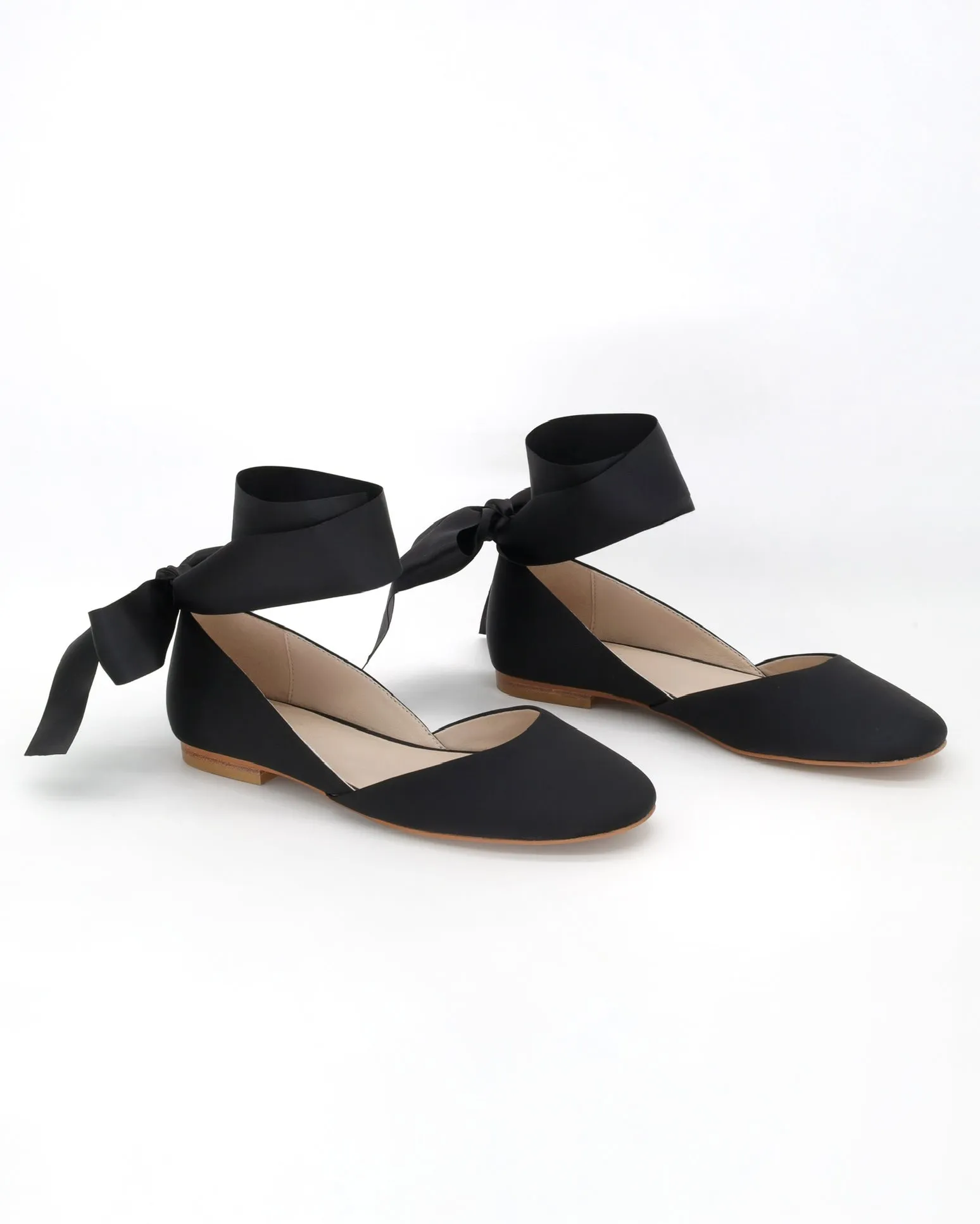 Black Satin Round Toe Evening Flat with Wrapped Ribbon Tie