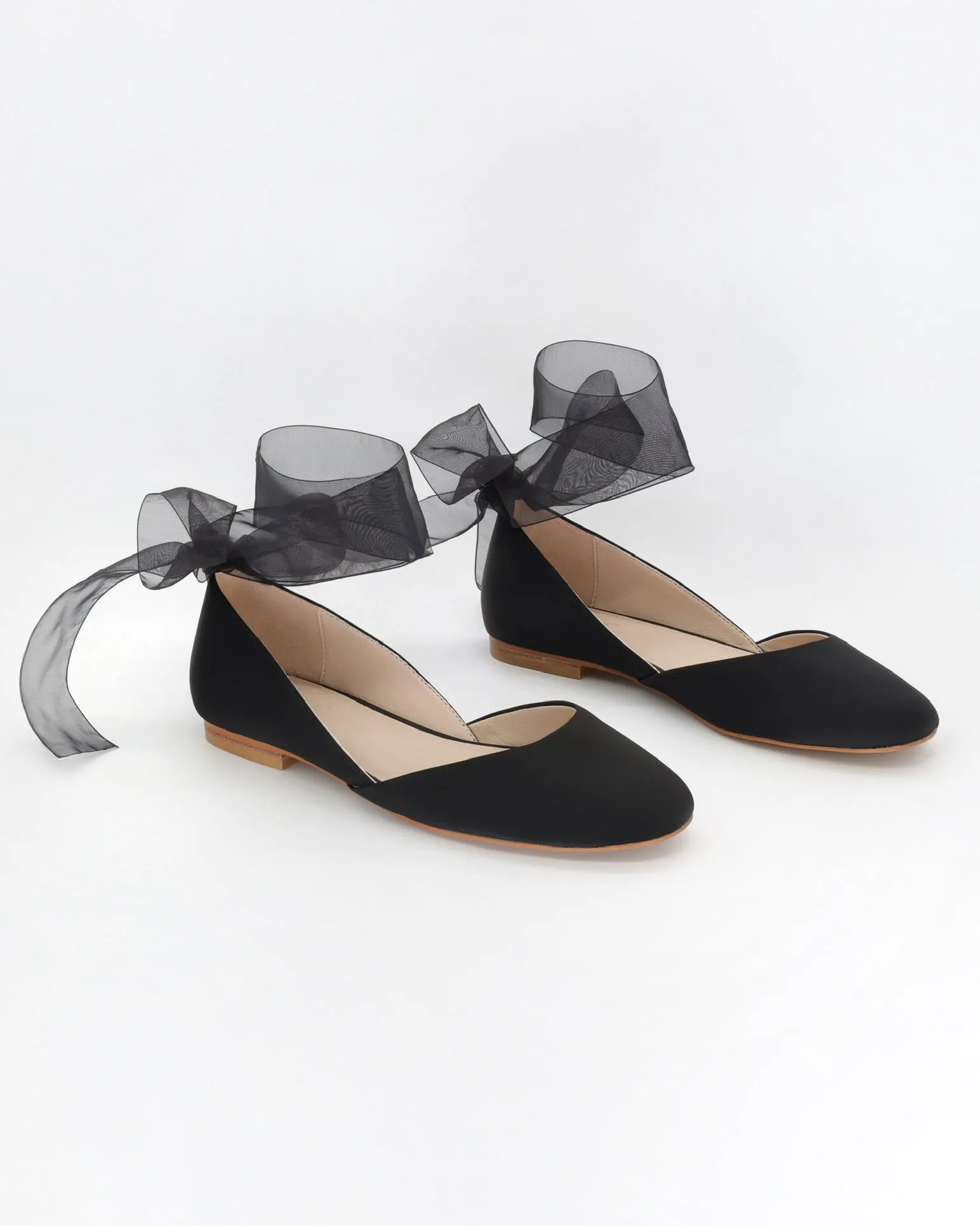 Black Satin Round Toe Evening Flat with Wrapped Ribbon Tie