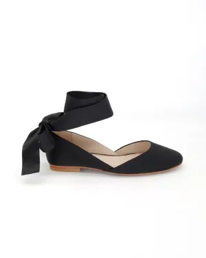 Black Satin Round Toe Evening Flat with Wrapped Ribbon Tie