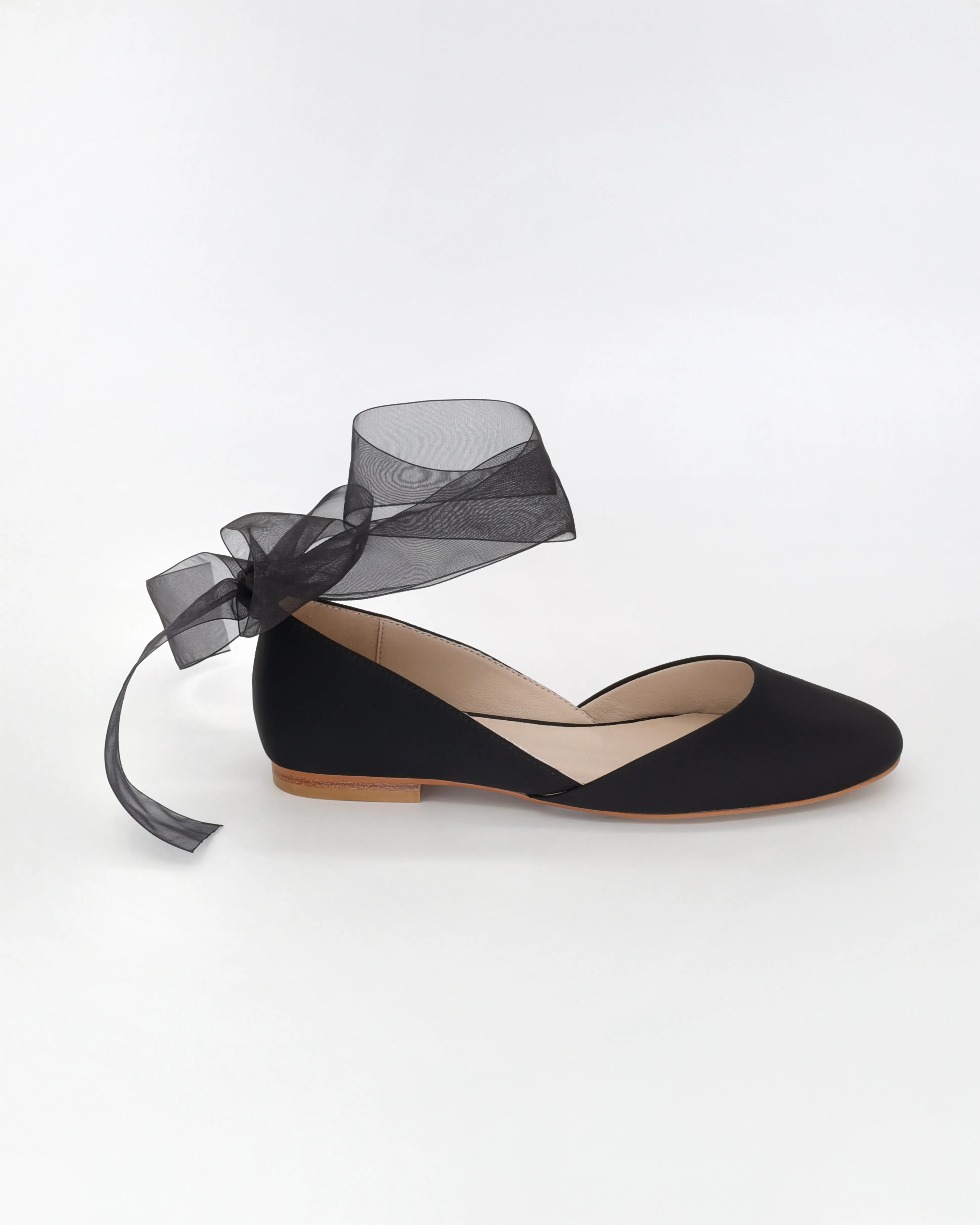 Black Satin Round Toe Evening Flat with Wrapped Ribbon Tie