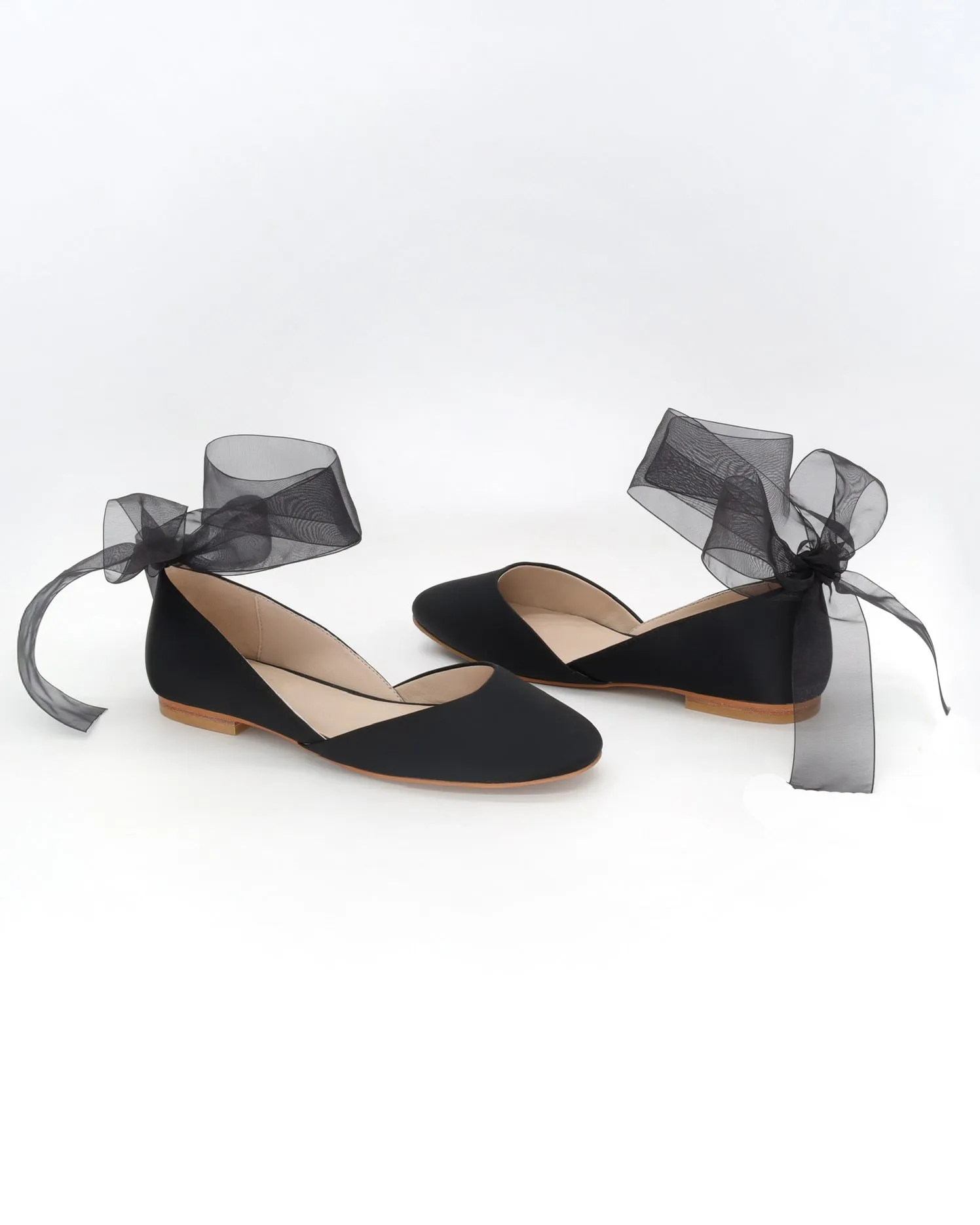 Black Satin Round Toe Evening Flat with Wrapped Ribbon Tie