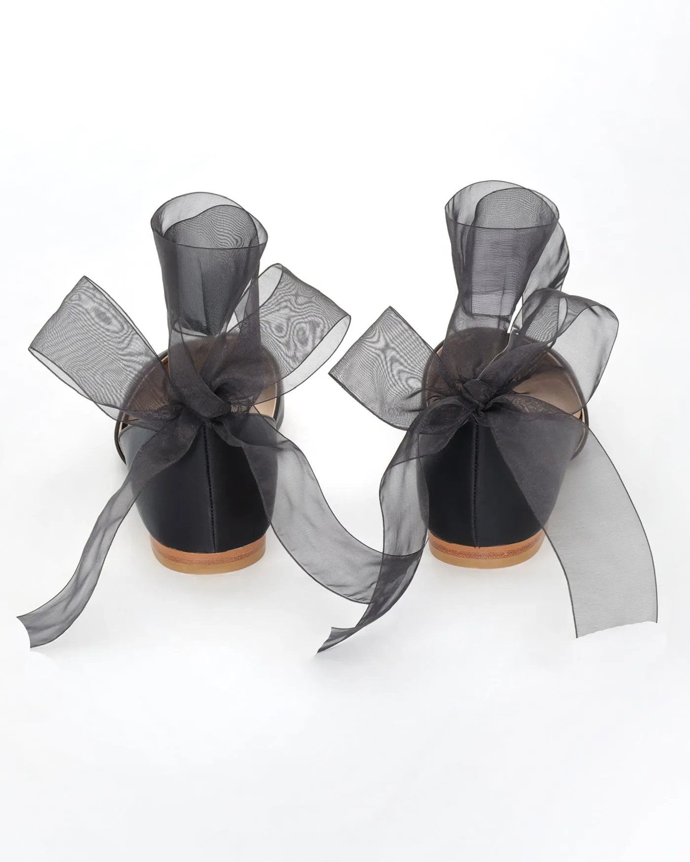 Black Satin Round Toe Evening Flat with Wrapped Ribbon Tie