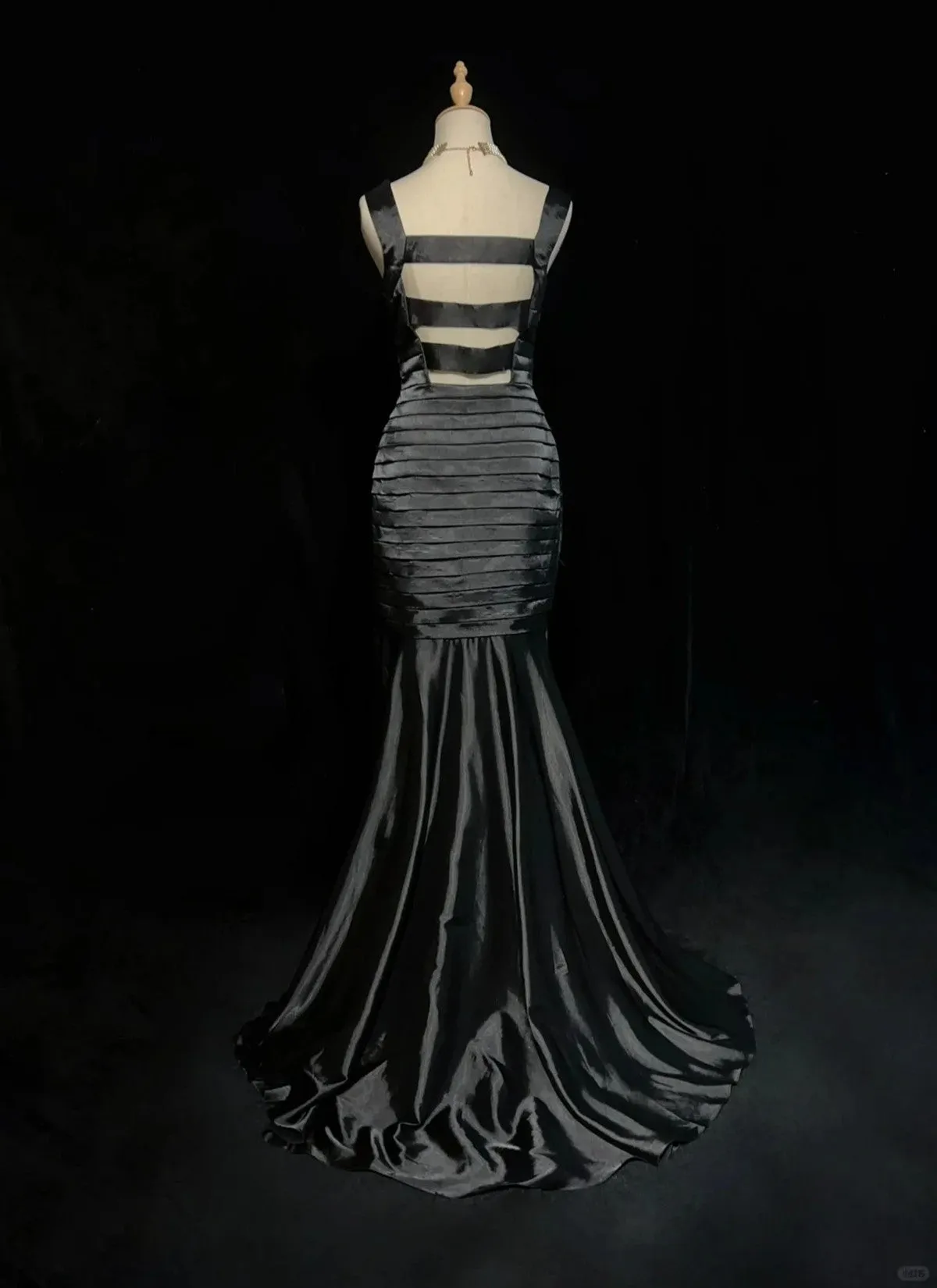 Black Satin Straps Mermaid Long Evening Dress, Black Satin Prom Dress