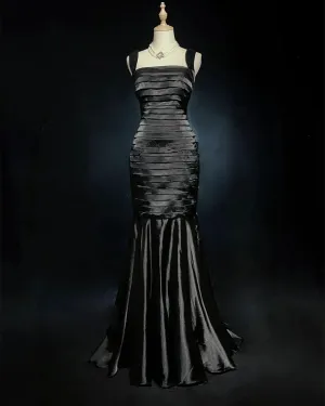 Black Satin Straps Mermaid Long Evening Dress, Black Satin Prom Dress