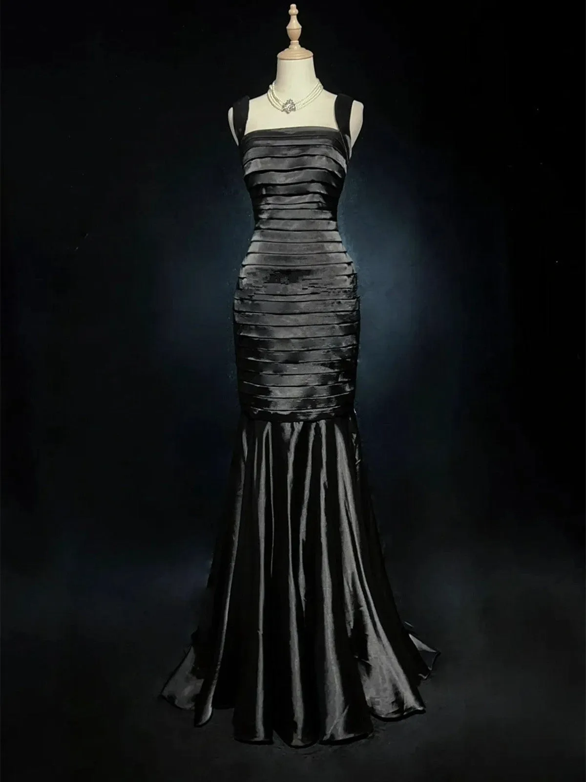 Black Satin Straps Mermaid Long Evening Dress, Black Satin Prom Dress