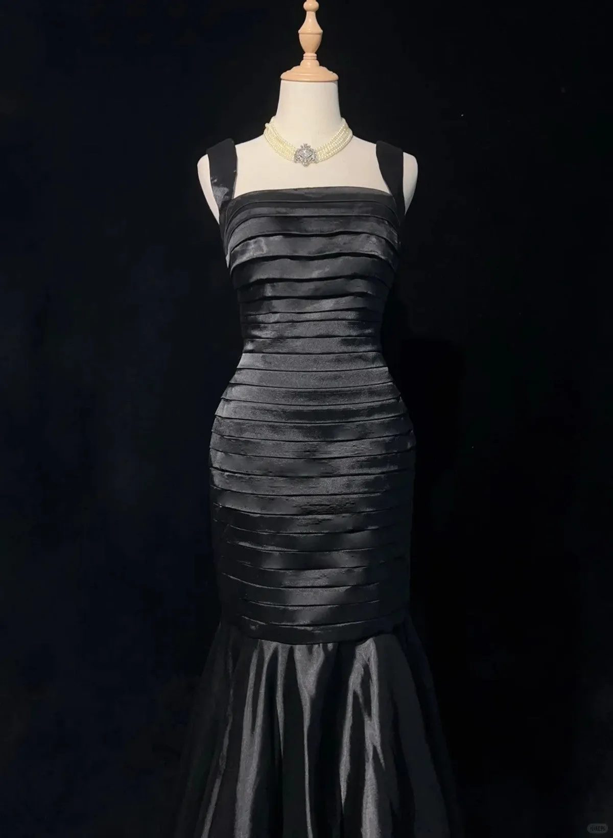 Black Satin Straps Mermaid Long Evening Dress, Black Satin Prom Dress