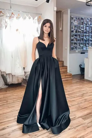 Black Spaghetti Strap Simple Satin Long Prom Dress Evening Dress PSK072
