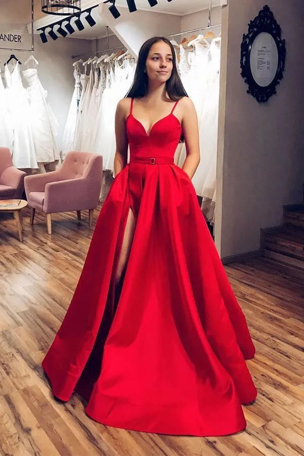 Black Spaghetti Strap Simple Satin Long Prom Dress Evening Dress PSK072