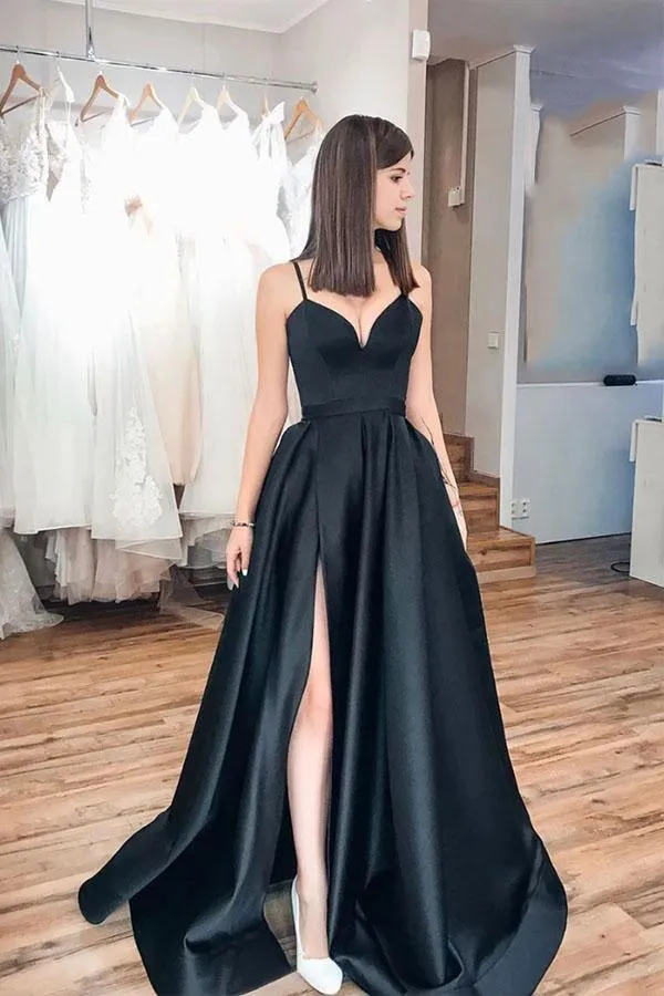Black Spaghetti Strap Simple Satin Long Prom Dress Evening Dress PSK072