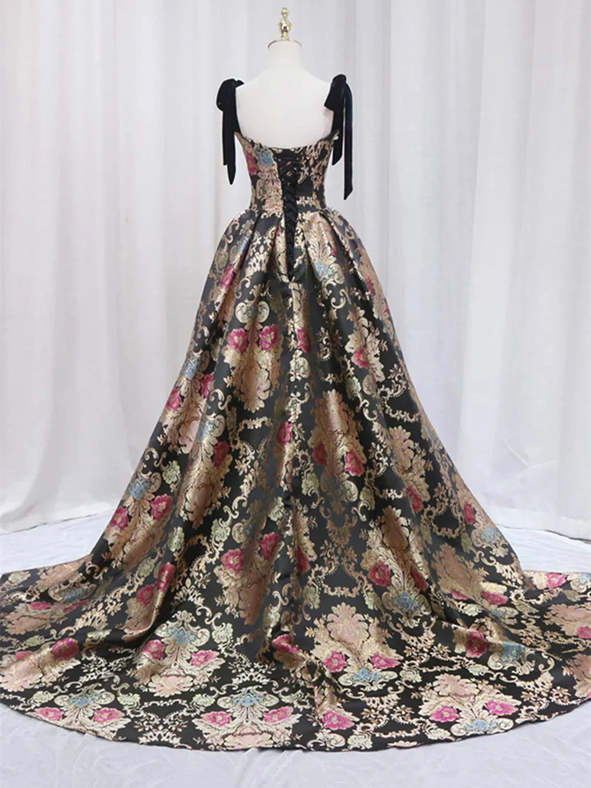Black Straps Floral Satin Party Dress with Train, Black Satin Prom Dress Formal Dress