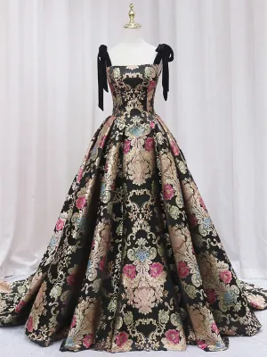 Black Straps Floral Satin Party Dress with Train, Black Satin Prom Dress Formal Dress