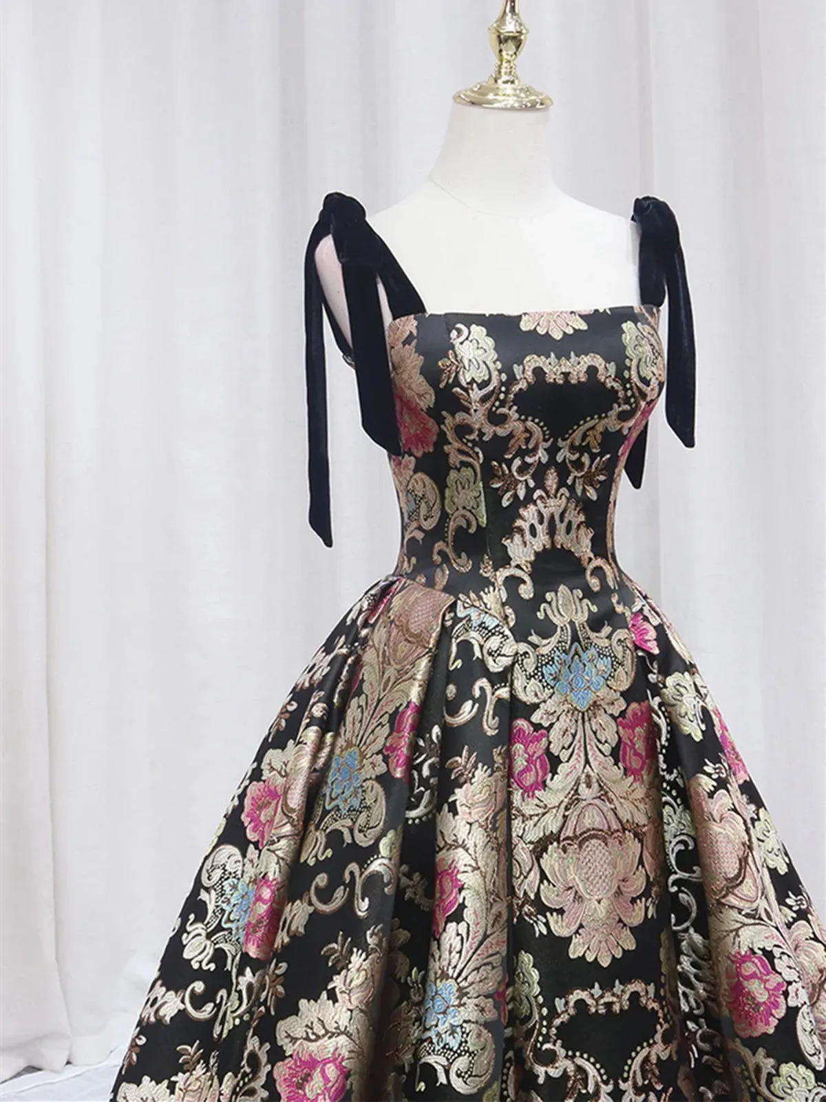 Black Straps Floral Satin Party Dress with Train, Black Satin Prom Dress Formal Dress