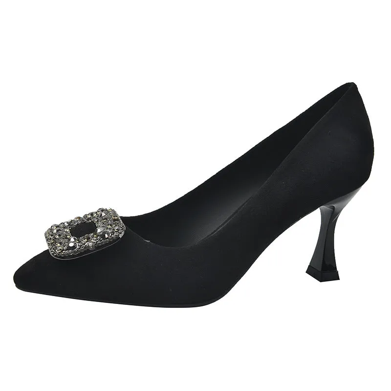 Black Suede Pointed Toe Heels with Rhinestone Buckle Spring Shoes