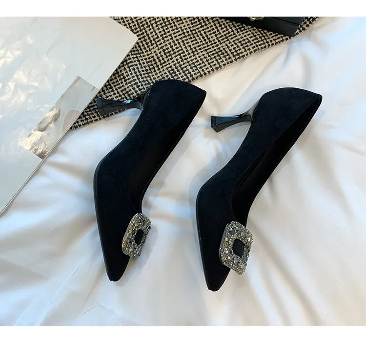 Black Suede Pointed Toe Heels with Rhinestone Buckle Spring Shoes