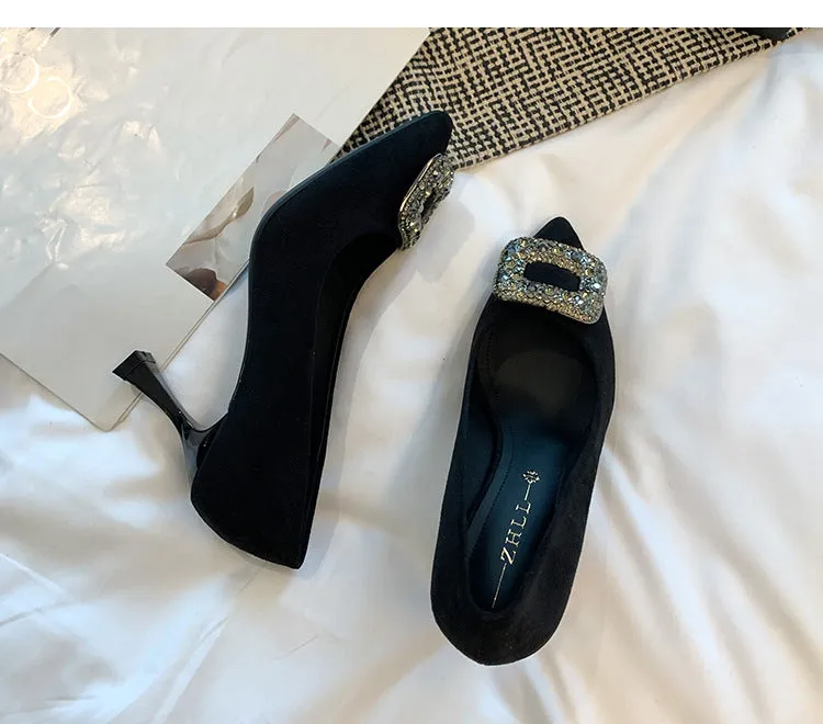 Black Suede Pointed Toe Heels with Rhinestone Buckle Spring Shoes