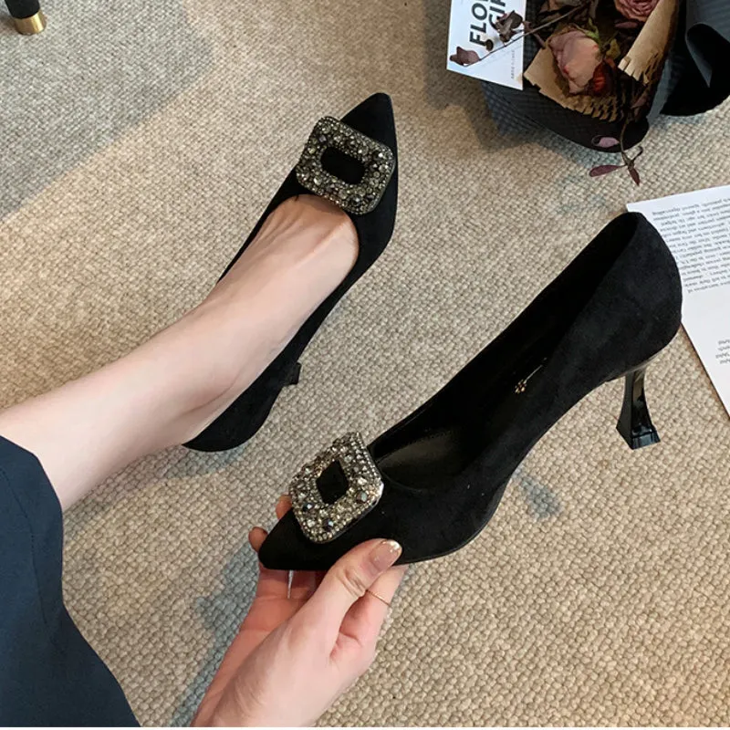 Black Suede Pointed Toe Heels with Rhinestone Buckle Spring Shoes