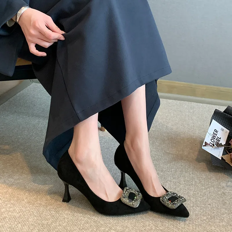 Black Suede Pointed Toe Heels with Rhinestone Buckle Spring Shoes