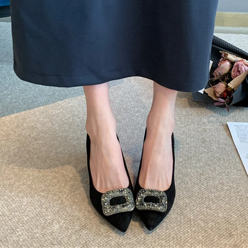 Black Suede Pointed Toe Heels with Rhinestone Buckle Spring Shoes