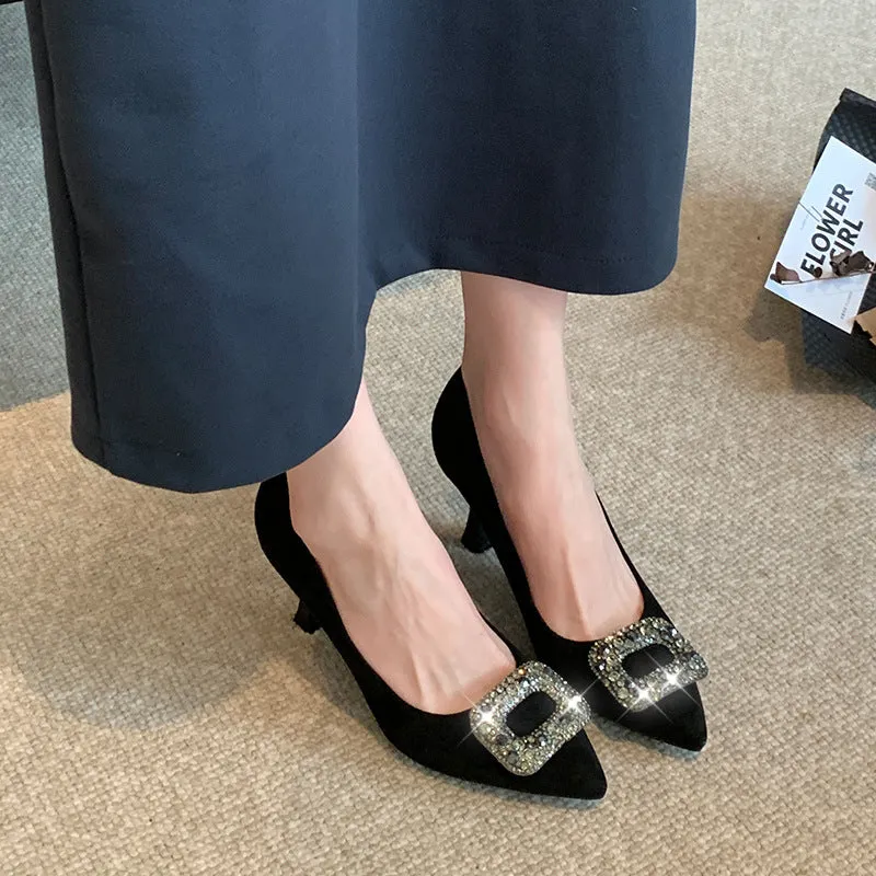 Black Suede Pointed Toe Heels with Rhinestone Buckle Spring Shoes