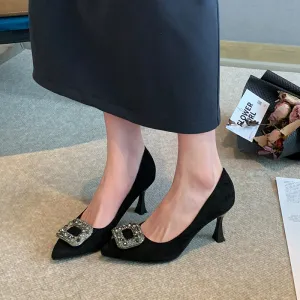 Black Suede Pointed Toe Heels with Rhinestone Buckle Spring Shoes