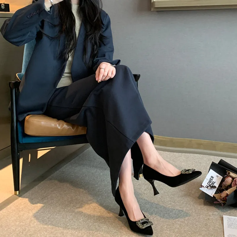 Black Suede Pointed Toe Heels with Rhinestone Buckle Spring Shoes
