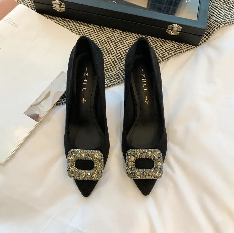 Black Suede Pointed Toe Heels with Rhinestone Buckle Spring Shoes