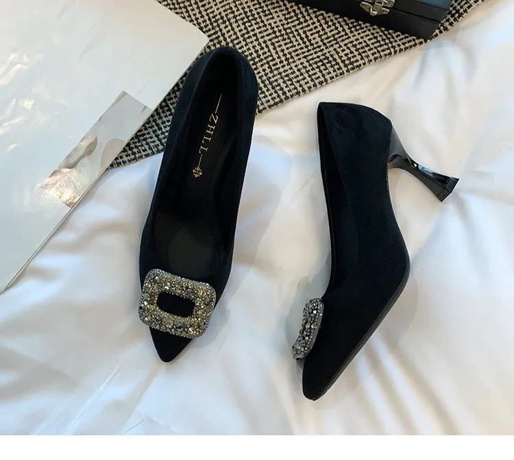 Black Suede Pointed Toe Heels with Rhinestone Buckle Spring Shoes