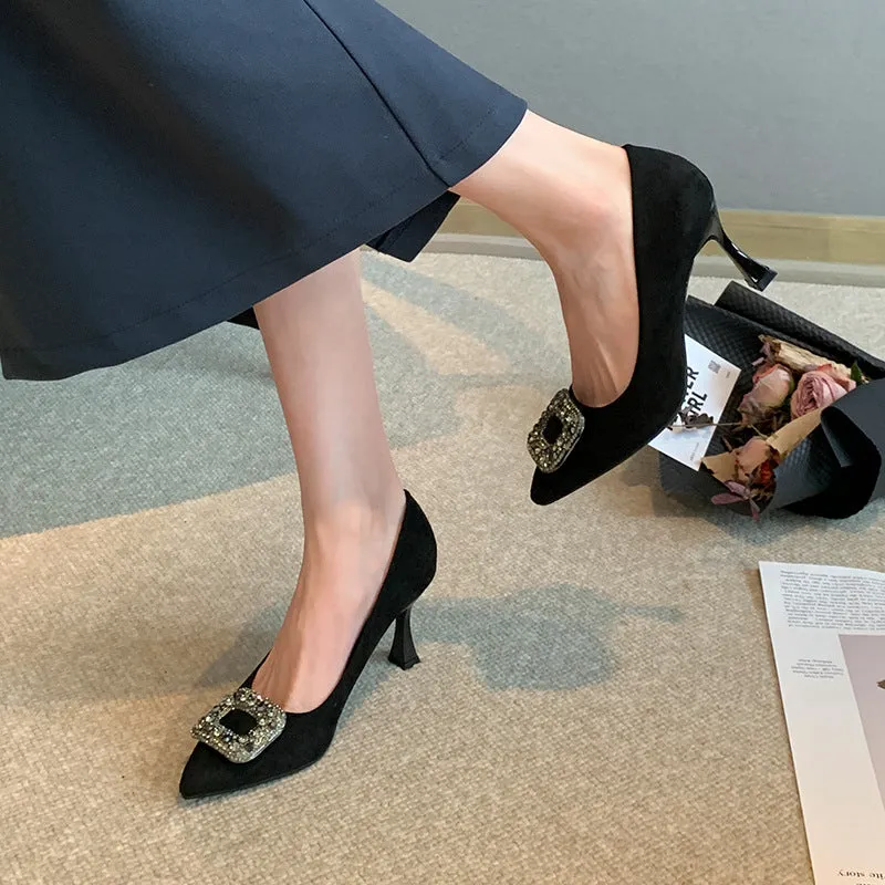 Black Suede Pointed Toe Heels with Rhinestone Buckle Spring Shoes