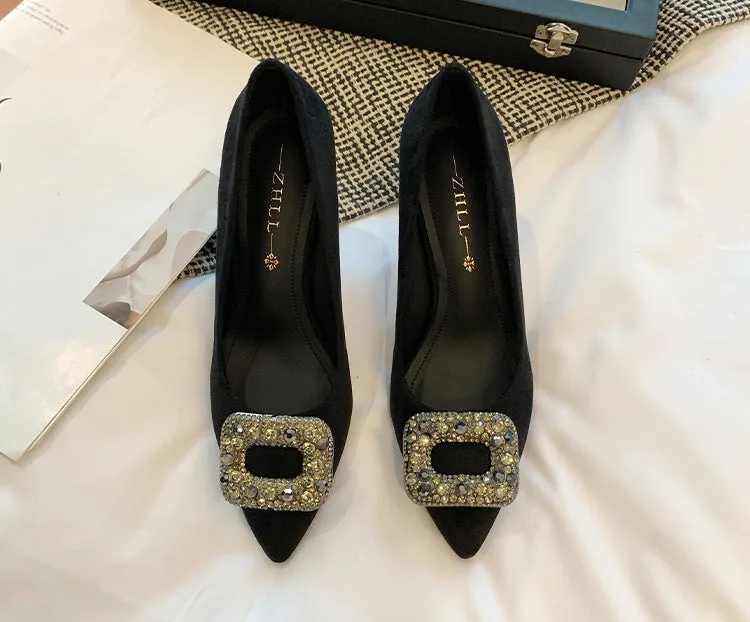Black Suede Pointed Toe Heels with Rhinestone Buckle Spring Shoes