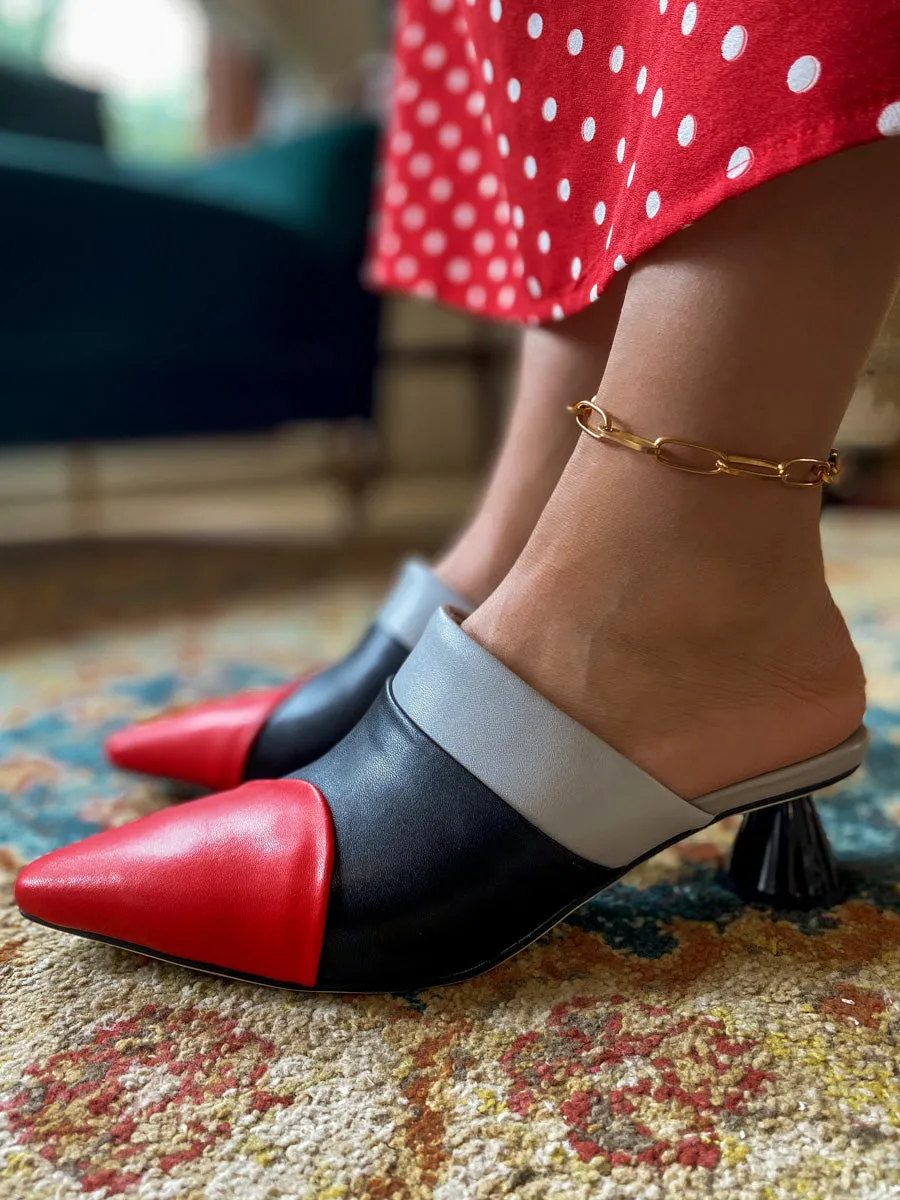Block Color French Mid Heel Point Toe Leather Mules Sandals