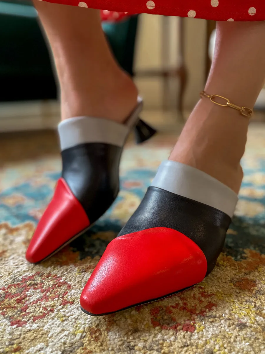 Block Color French Mid Heel Point Toe Leather Mules Sandals