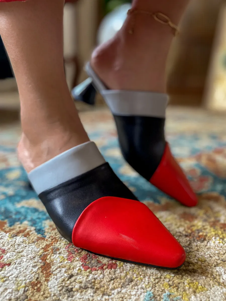 Block Color French Mid Heel Point Toe Leather Mules Sandals