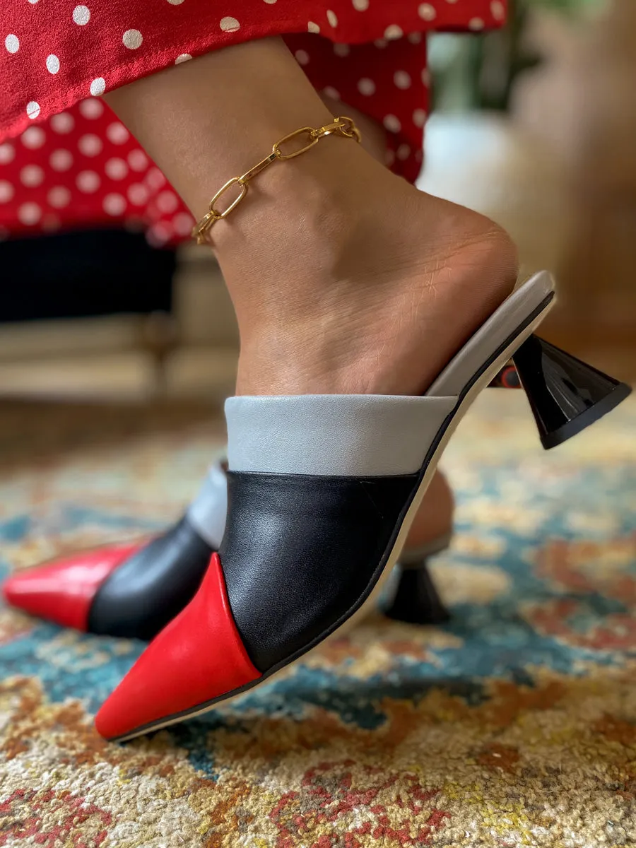 Block Color French Mid Heel Point Toe Leather Mules Sandals