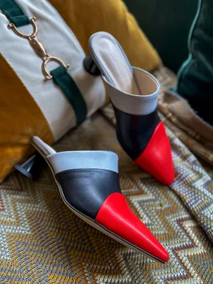 Block Color French Mid Heel Point Toe Leather Mules Sandals