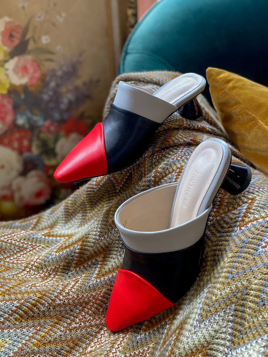 Block Color French Mid Heel Point Toe Leather Mules Sandals