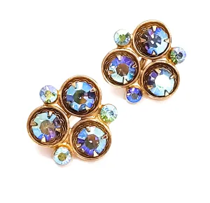 Blue green Aurora borealis rhinestone trillion screw back vintage earrings mid century