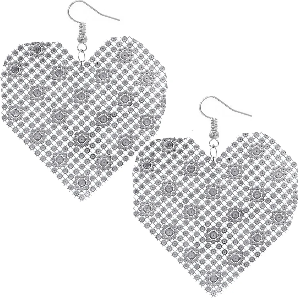 Blue Mesh Rhinestone Heart Earrings