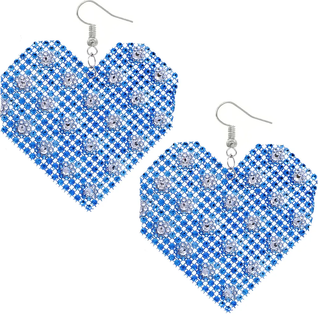 Blue Mesh Rhinestone Heart Earrings