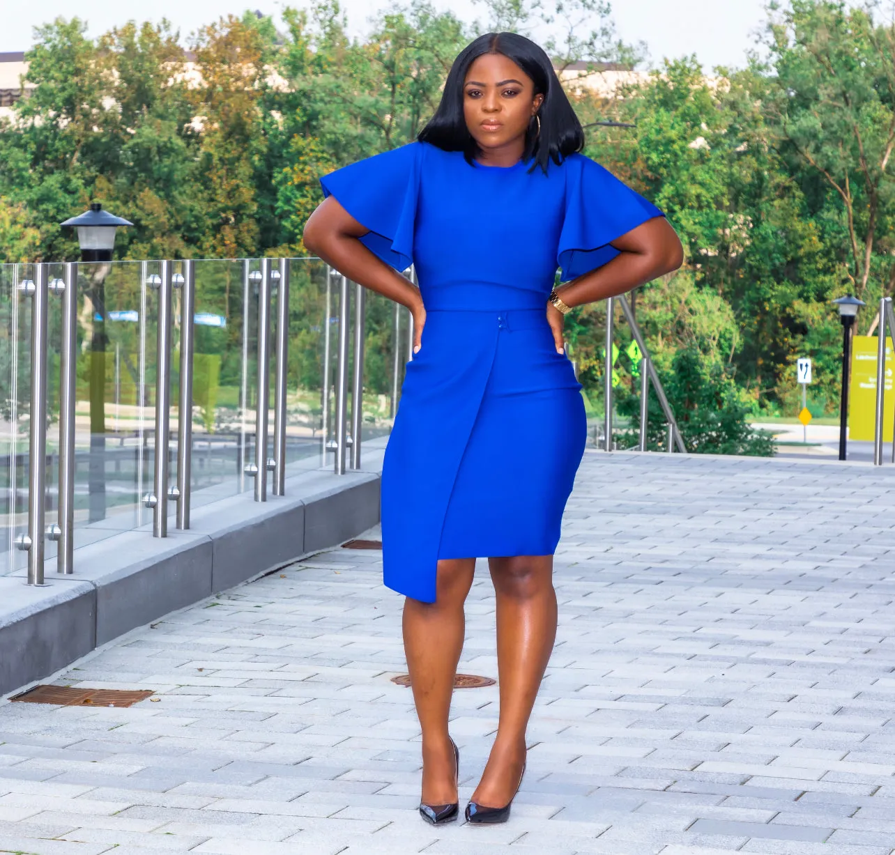 Blue Round Neck Short Sleeve Bandage Dress