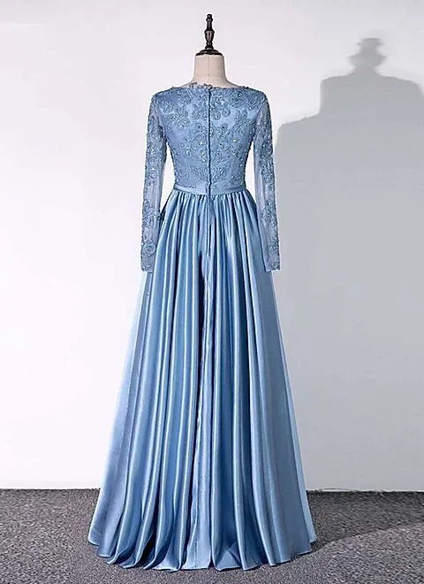 Blue Satin A-line Long Sleeves Party Dress, Blue Evening Gown