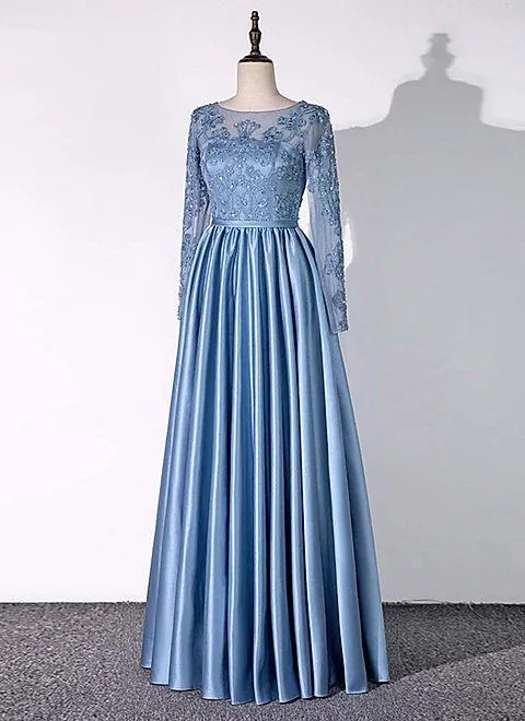 Blue Satin A-line Long Sleeves Party Dress, Blue Evening Gown