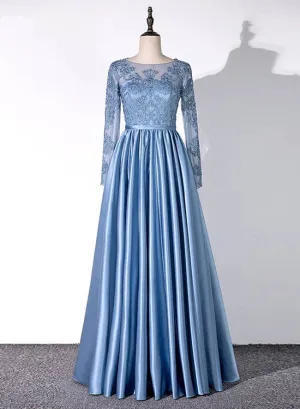 Blue Satin A-line Long Sleeves Party Dress, Blue Evening Gown