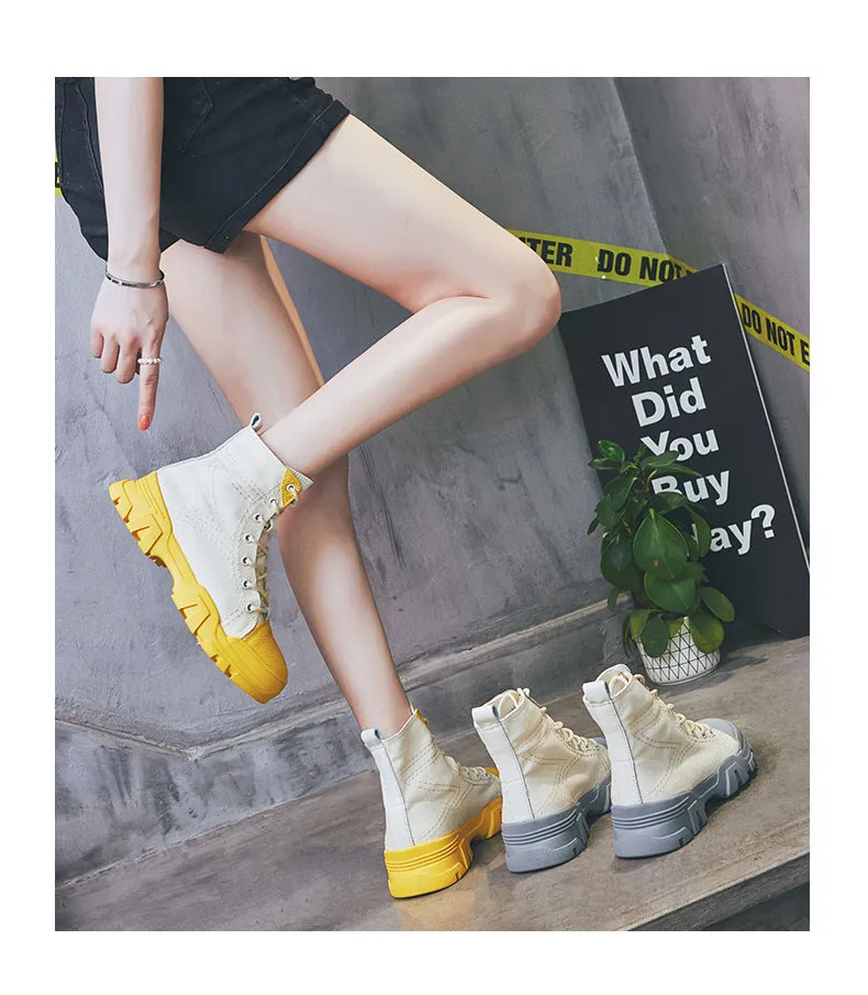 Booties Female Autumn Martin Boots British Style Students Flat Leather Canvas Wild Single Boots