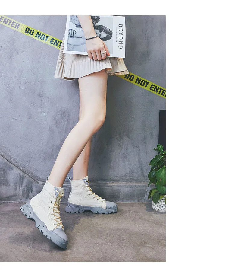 Booties Female Autumn Martin Boots British Style Students Flat Leather Canvas Wild Single Boots